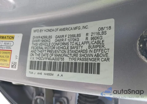 2018 Honda Accord Ex из США, поврежденный, VIN 1HGCV1F40JA232755